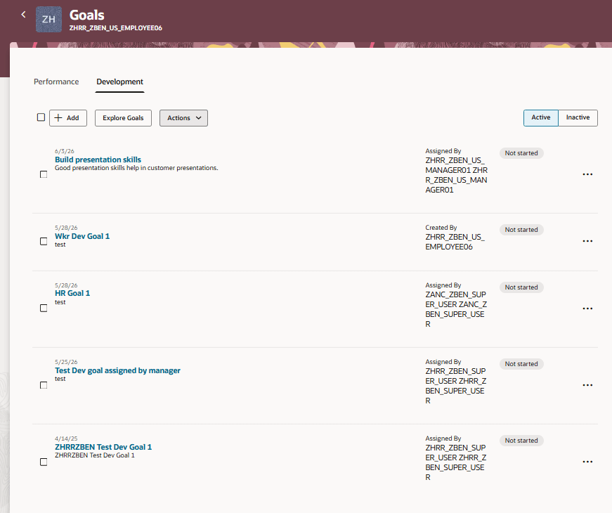 Development tab of the Goals page of a direct report