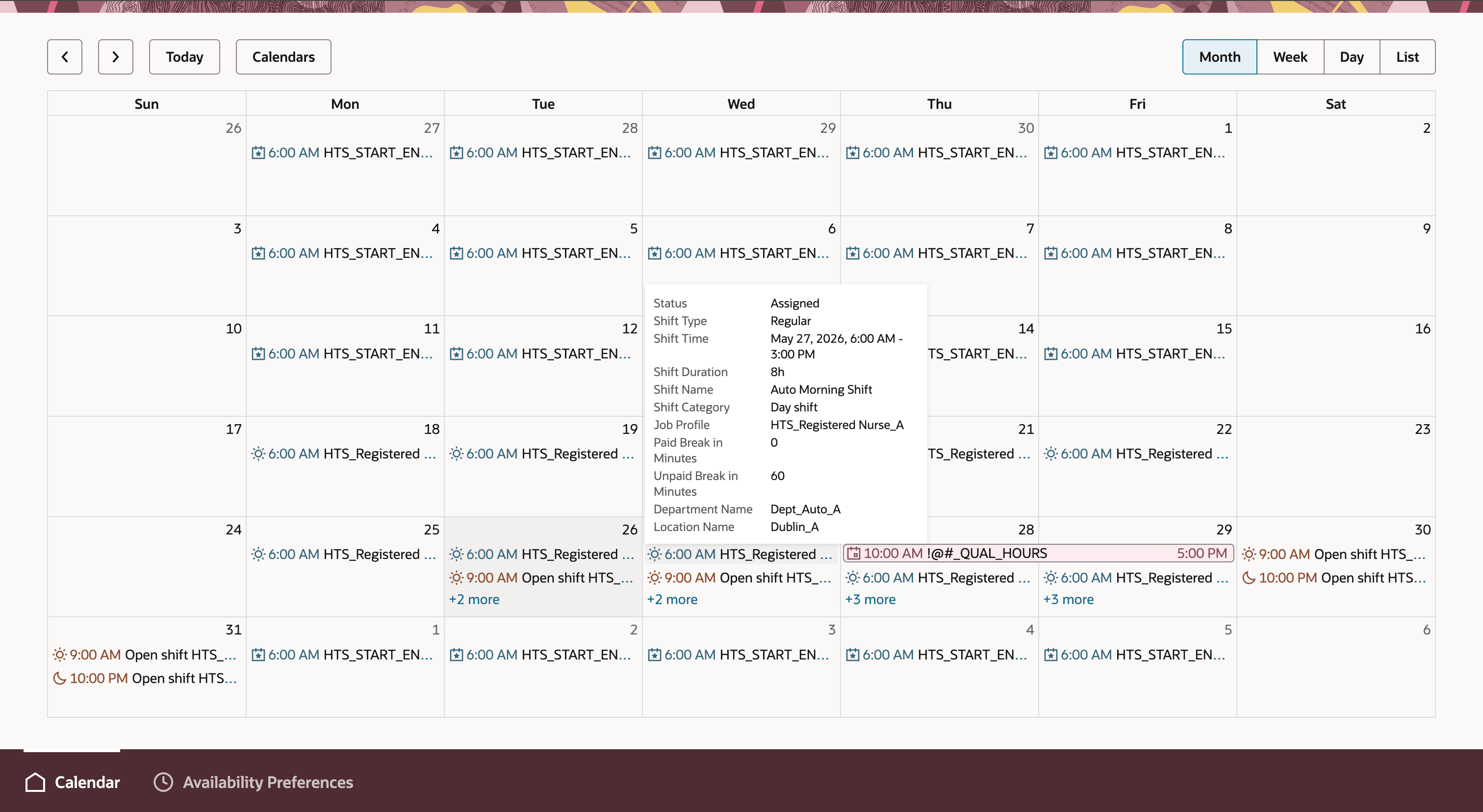 Tool-tip displaying assigned shift details