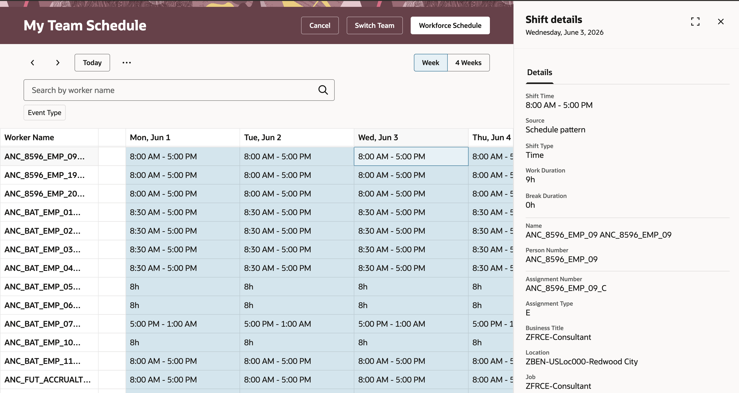 Team Schedule with Schedule Pattern Time Shifts