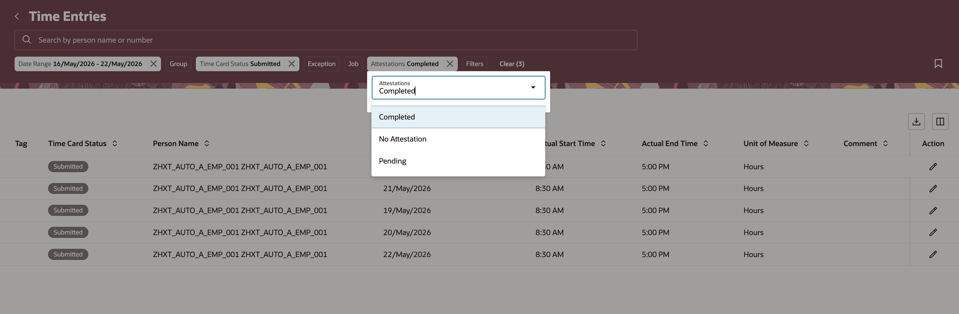 Time entries page displaying attestations filter.