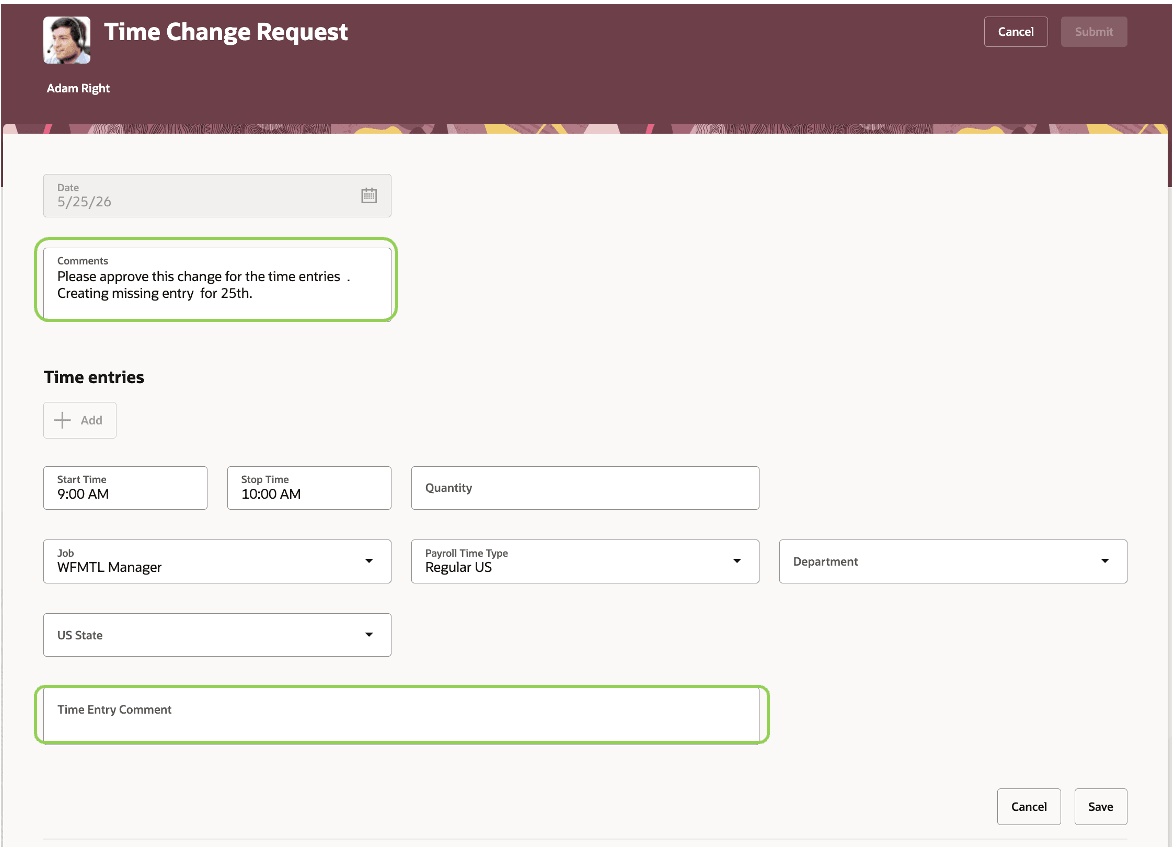 Change request displaying comment field