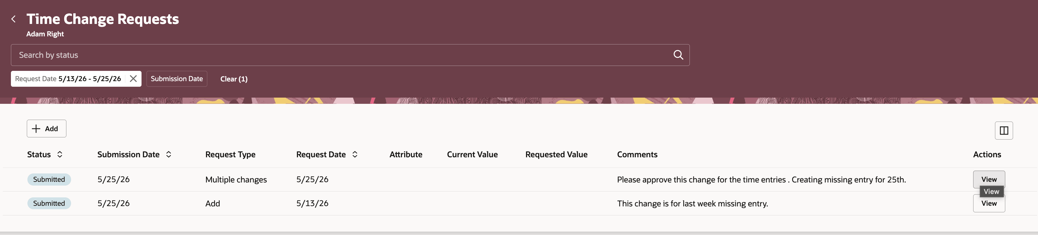 Employee Time Change Requests and Team Change Requests include clearer Request Date and Submission Date labels and filters.