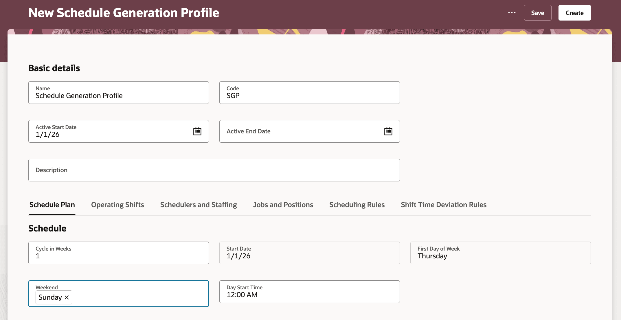 Schedule Generation Profile with Single-day Weekend