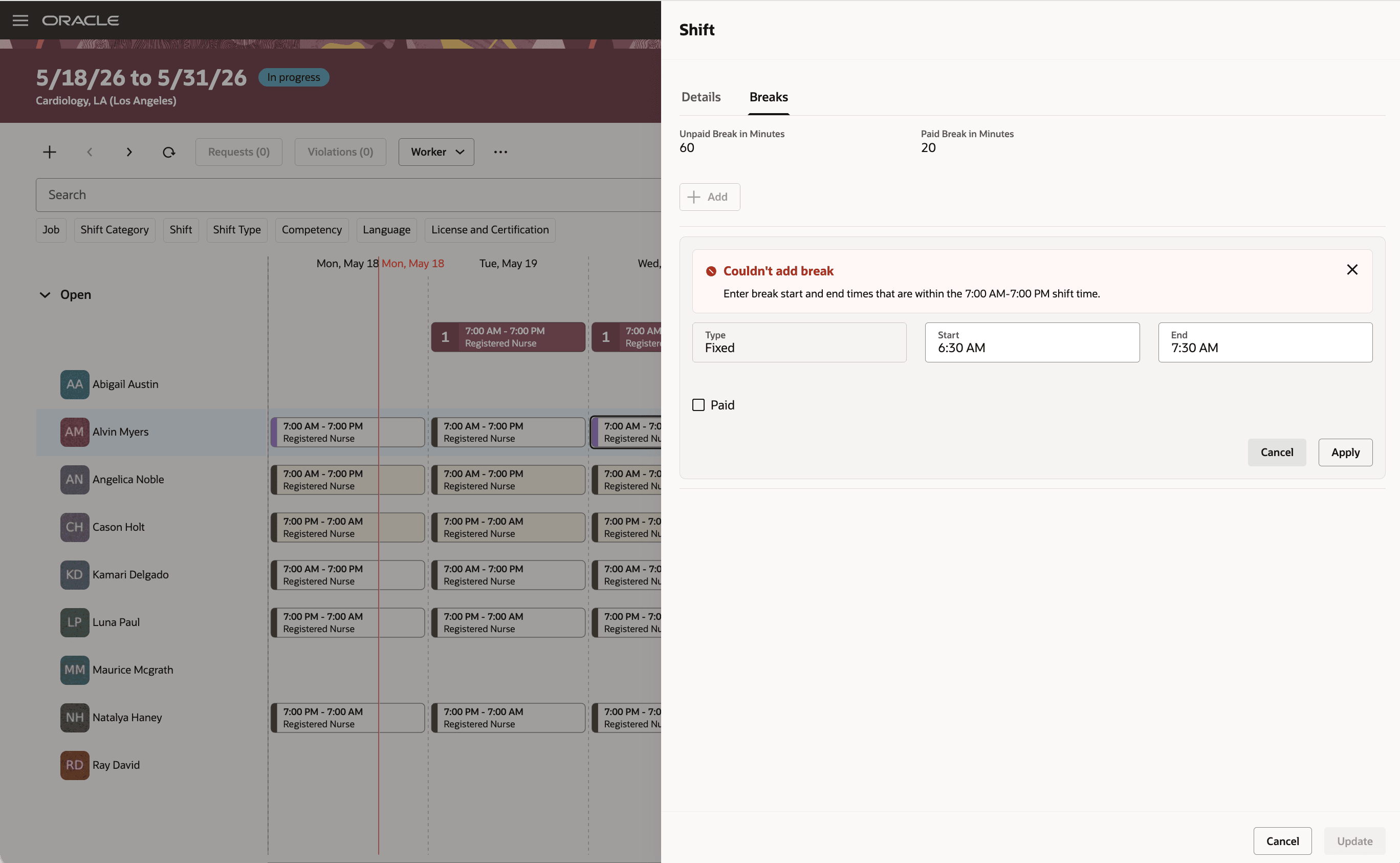 Validation of Break Consistency with Shift Times