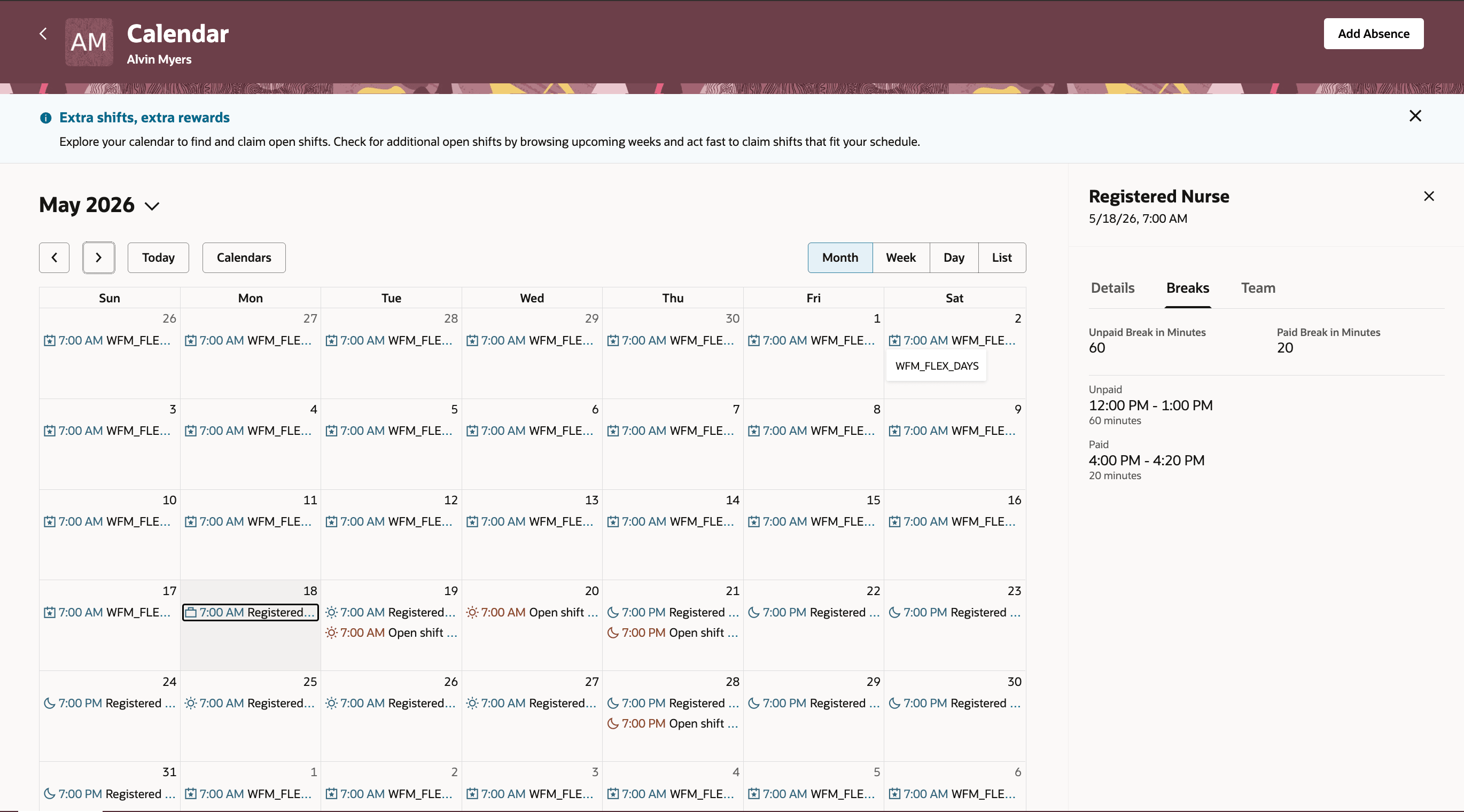 Worker Sees Breaks Details on Desktop Calendar