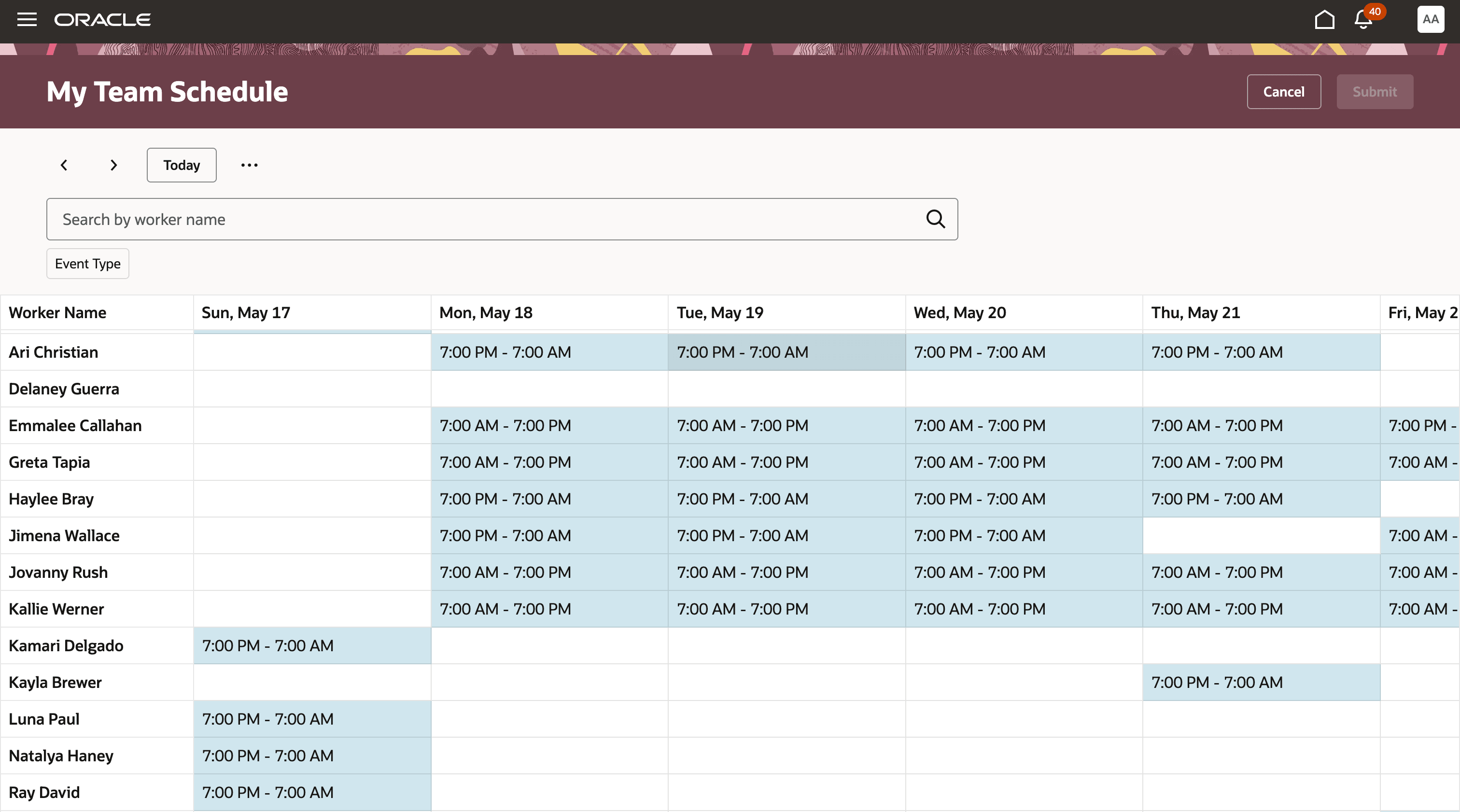 Worker Team Schedule page