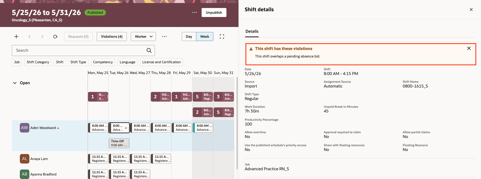 Shift violation display