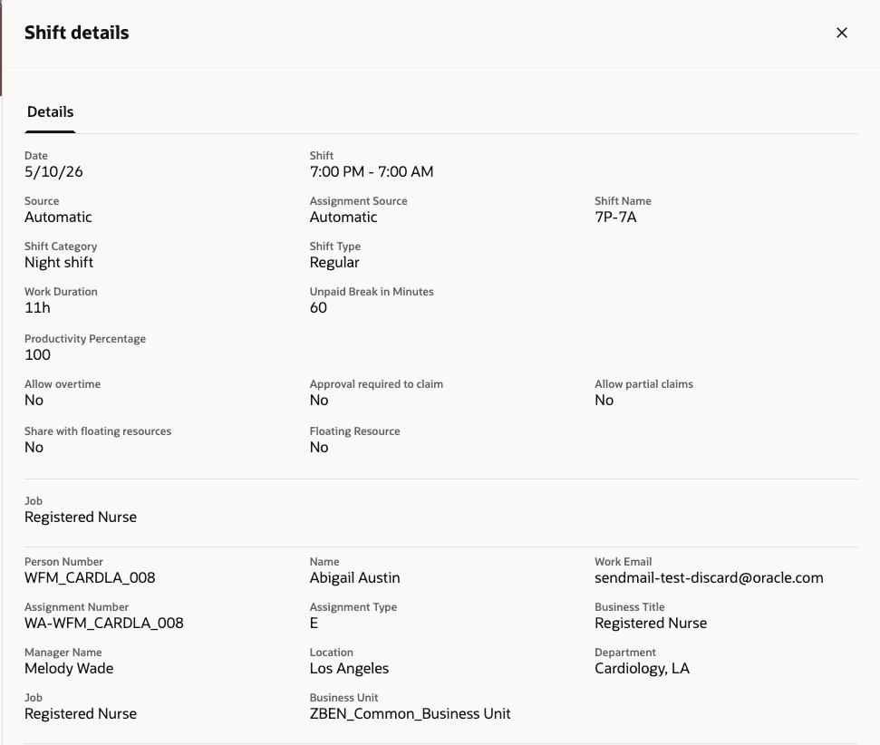 Shift Details Drawer Showing Default Fields
