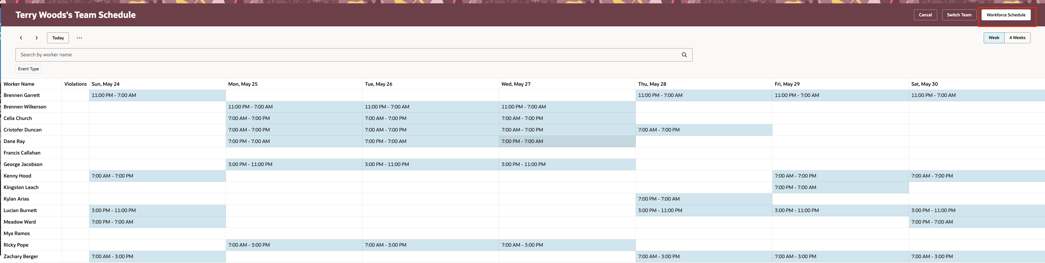 Team Schedule with Navigation to Workforce Schedule