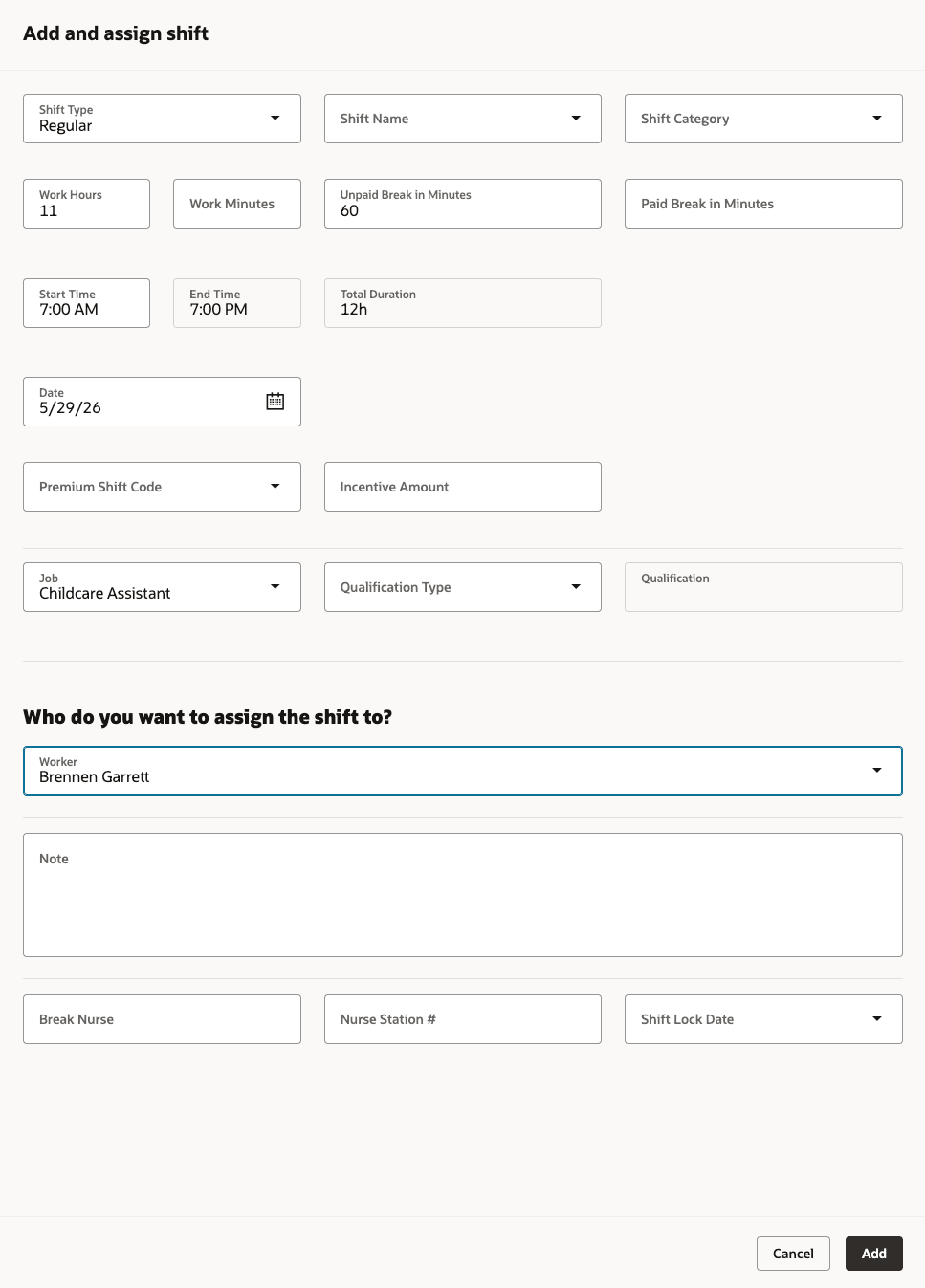 Add and assign shift drawer