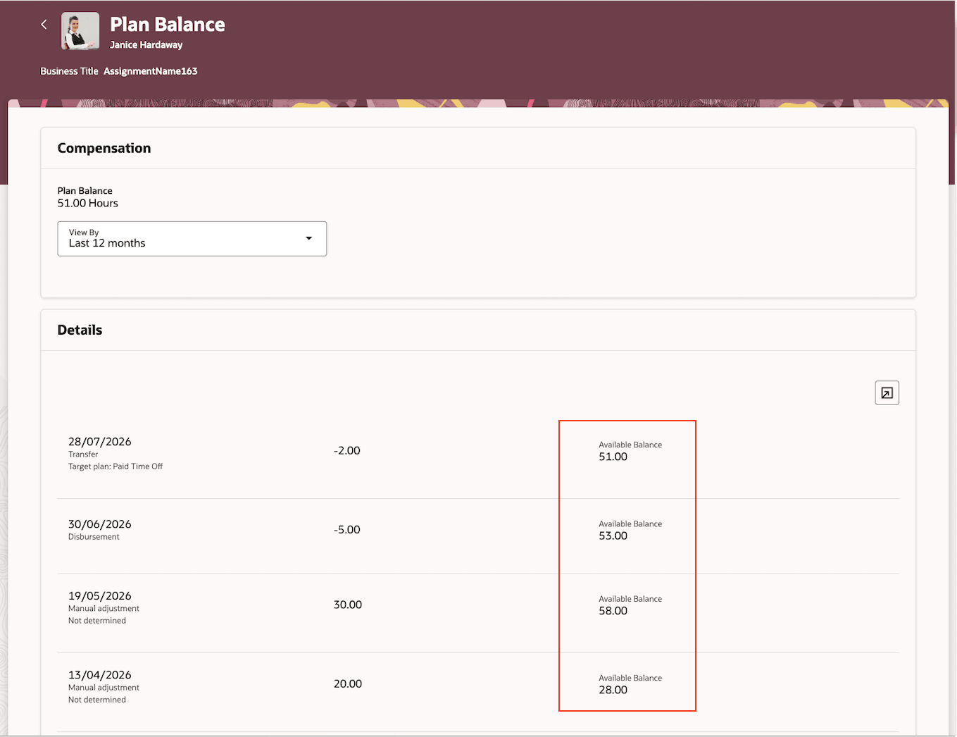 Available balance in the Compensatory Plan Balance page