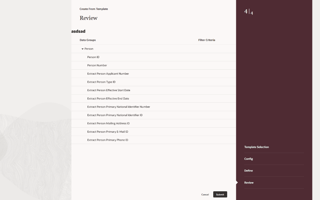 Review and create the extract template