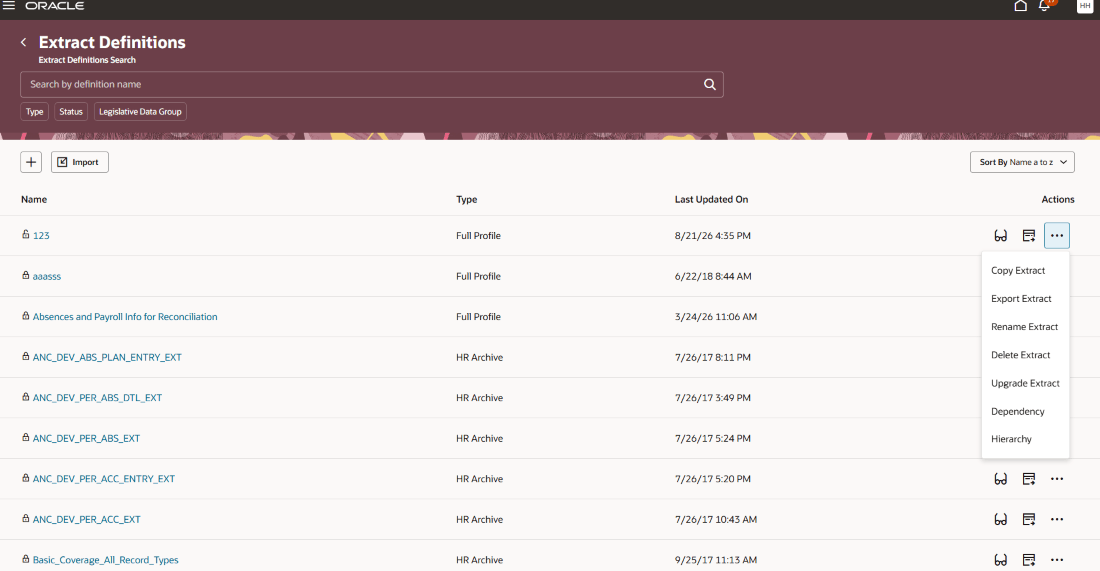 Action overview menu for an extract definition