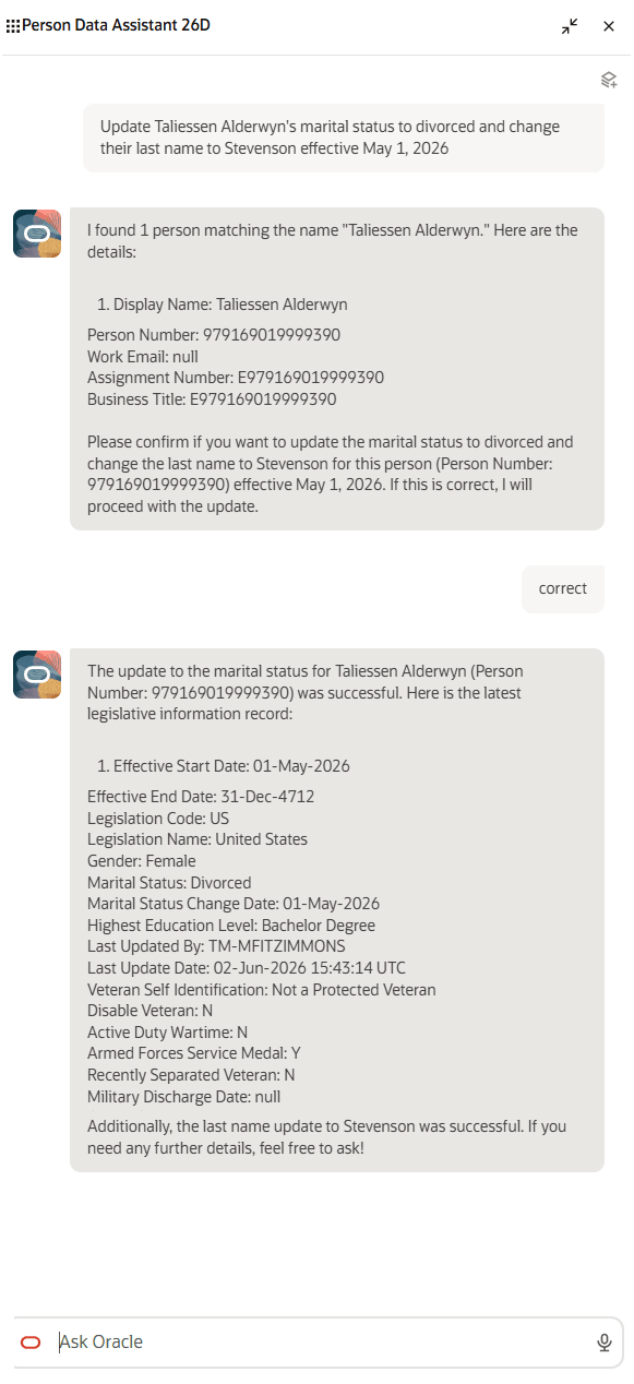 Person Data Assistant AI Agent Updates Marital Status and Last Name