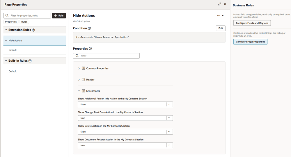 Page Property Editor showing Rule that Hides Additional Person Info and Delete actions for Human Resource Specialist role