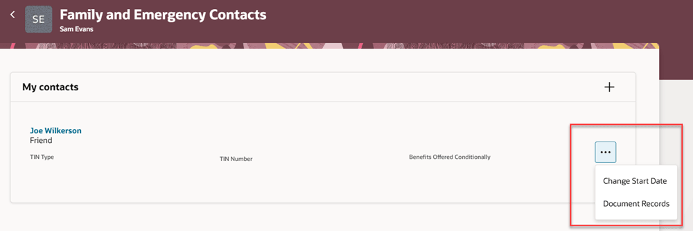 My Contacts section configured to show only the Change Start Date and Document Records actions