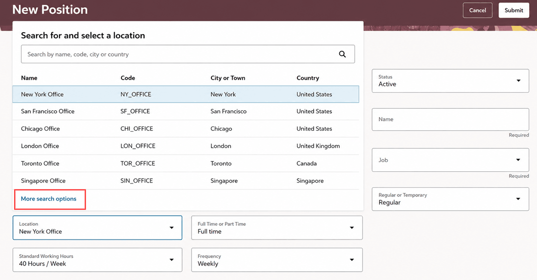 More search options link in the Location LOV on New Position Page