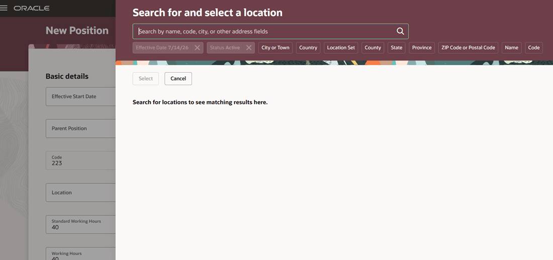 Search for and select a location panel drawer