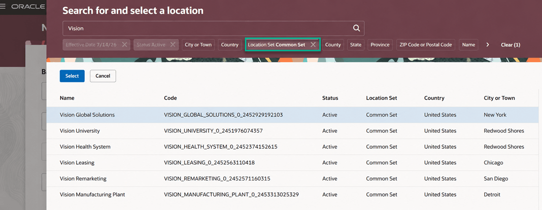 Apply additional filters in the Search for and select a location panel drawer