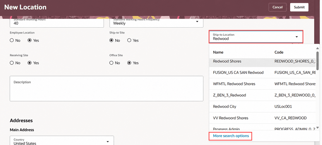 More search options link in the Ship-to Location LOV