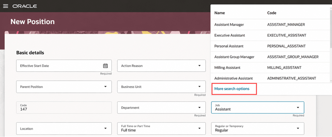 More search options link in the Job LOV on the New Position page