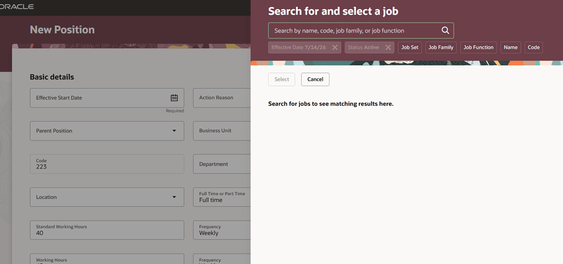 Search for and select a job panel drawer