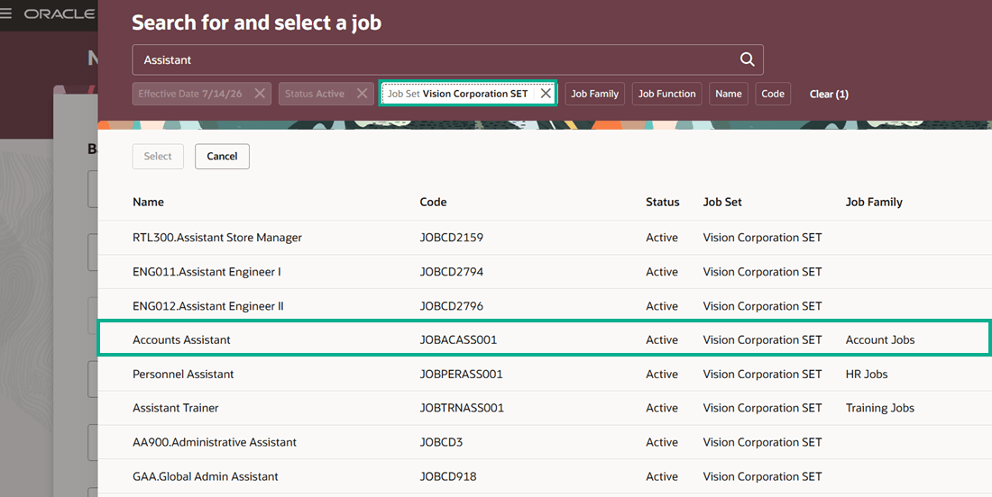 Apply additional filters in the Search for and select a job panel drawer