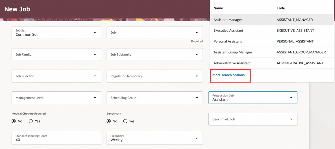More search options link in the Progression Job LOV on the New Job page