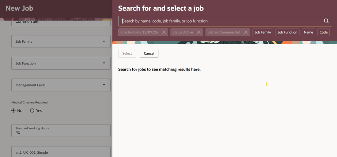 Search for and select a job panel drawer