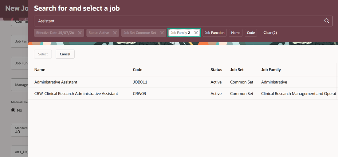 Apply additional filters in the Search for and select a job panel drawer