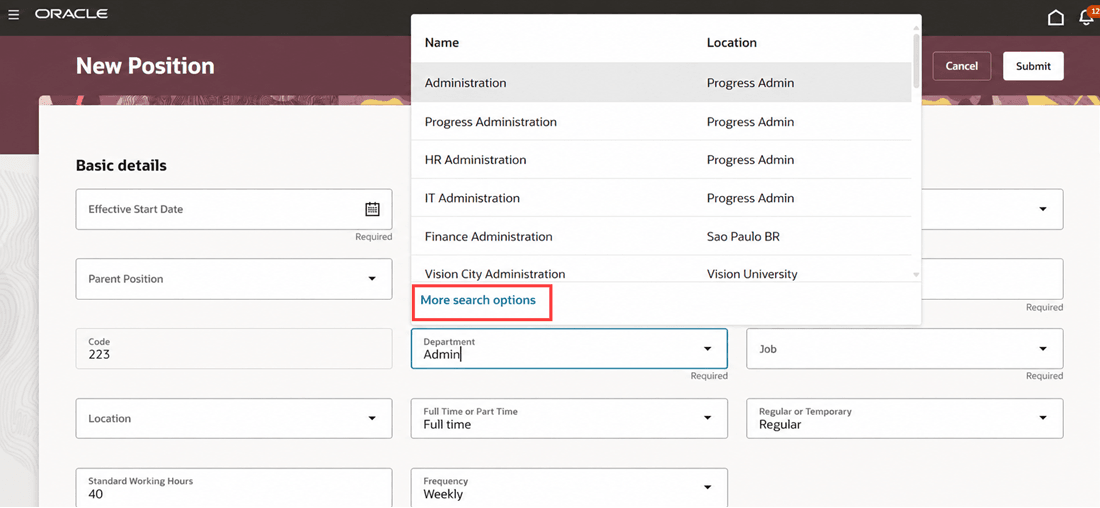 More search options link in the Department LOV in the Request a New Position guided process