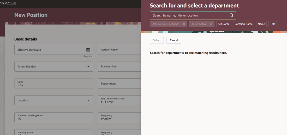Search for and select a department panel drawer