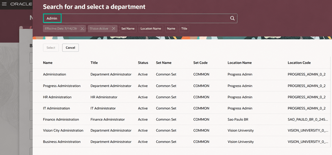 Records that match the search term are displayed