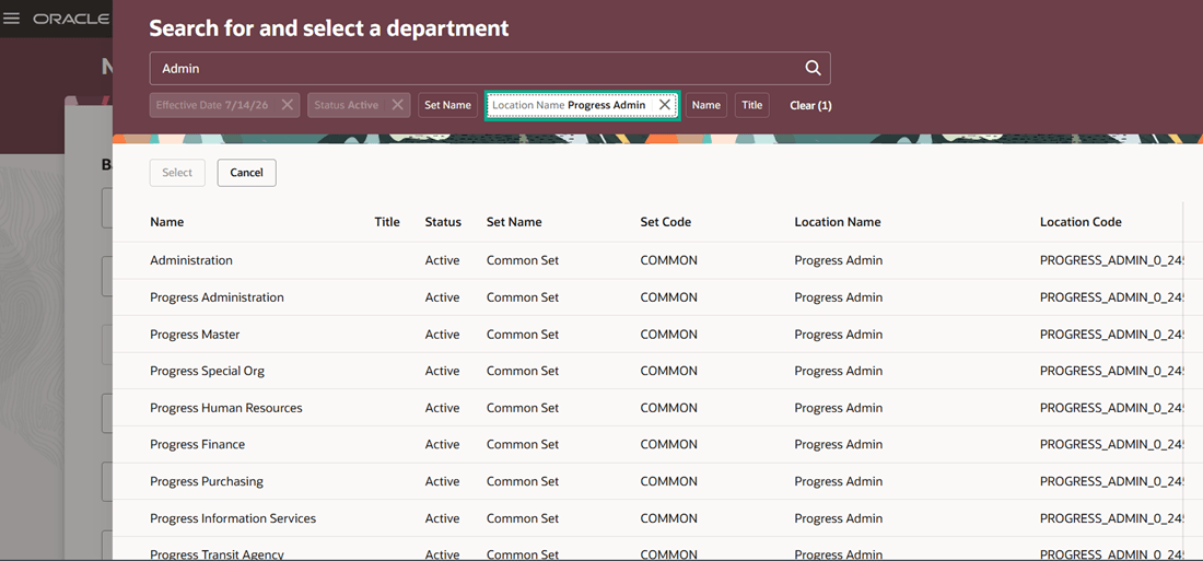 Apply additional filters in the Search for and select a department panel drawer