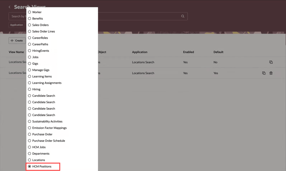 Search Object filter showing the HCM Positions option on the Redwood Search Views page