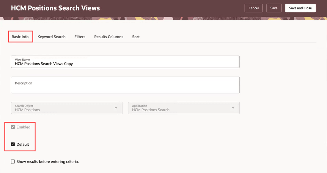 Basic Info tab of the HCM Positions Search View page