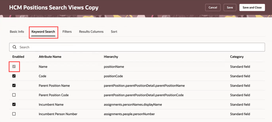 Keyword Search tab of the HCM Positions Search View page