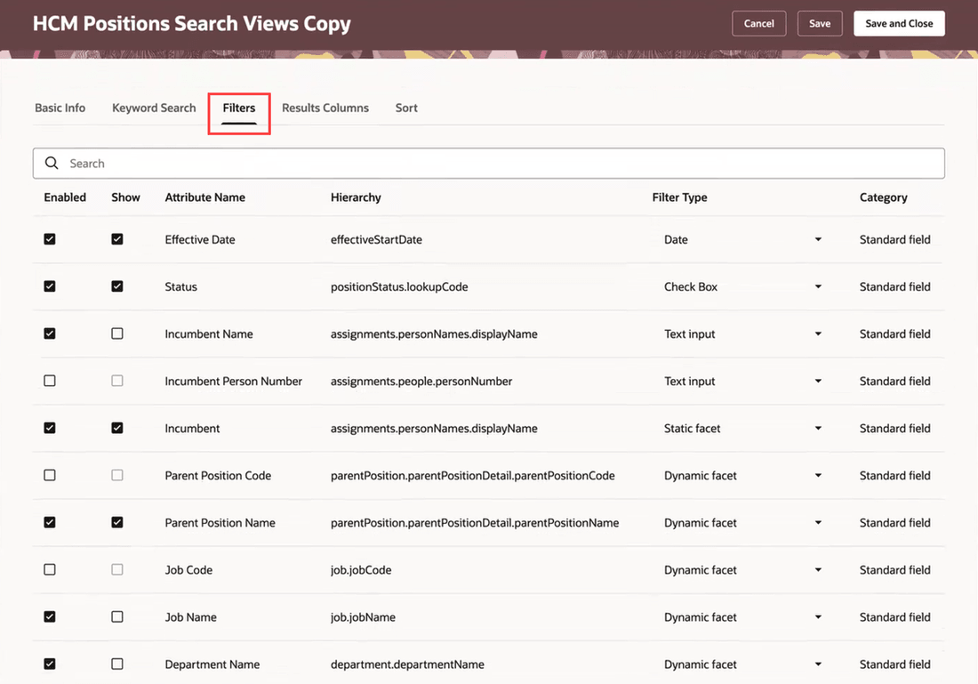 Filters tab of the HCM Positions Search View page