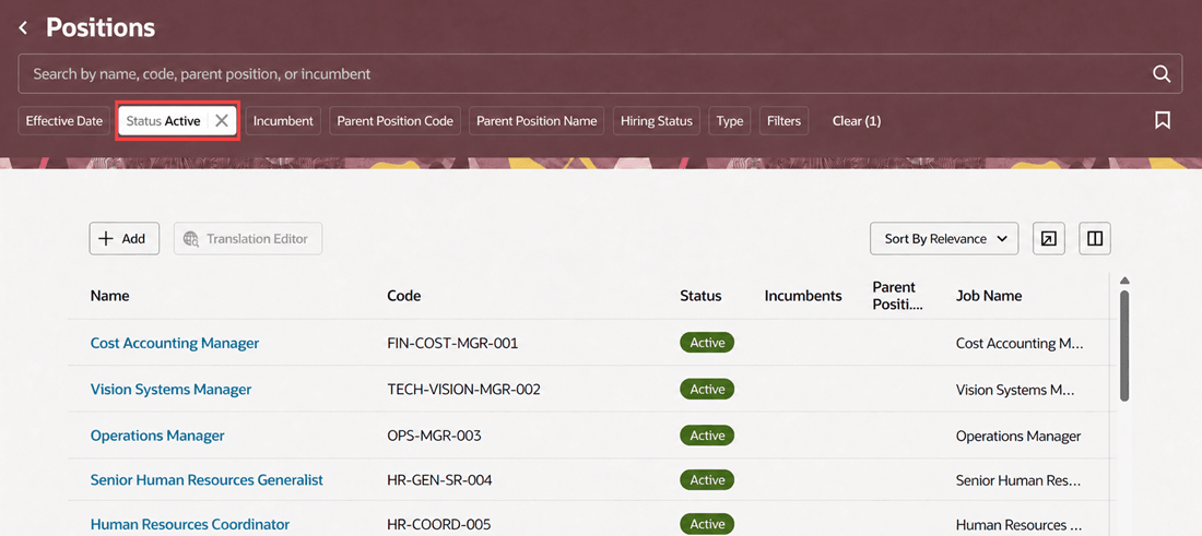 Positions filtered by Active status