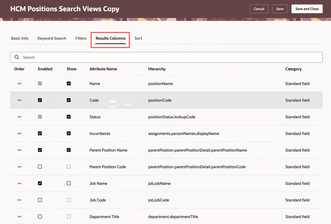 Results Columns tab of the HCM Positions Search View page