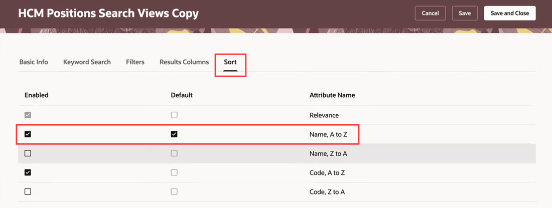 Sort tab of the HCM Positions Search View page