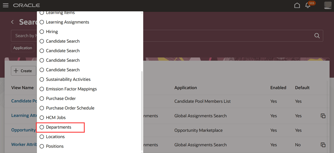 Search Object filter showing the Departments option on the Redwood Search Views page