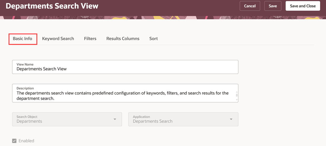 Basic Info tab of the Departments Search View page