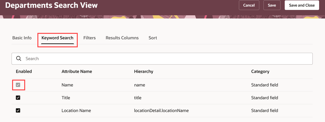 Keyword Search tab of the Departments Search View page