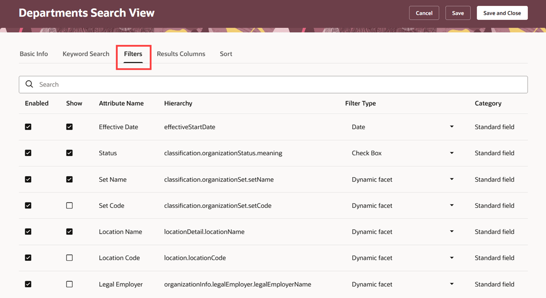 Filters tab of the Departments Search View page