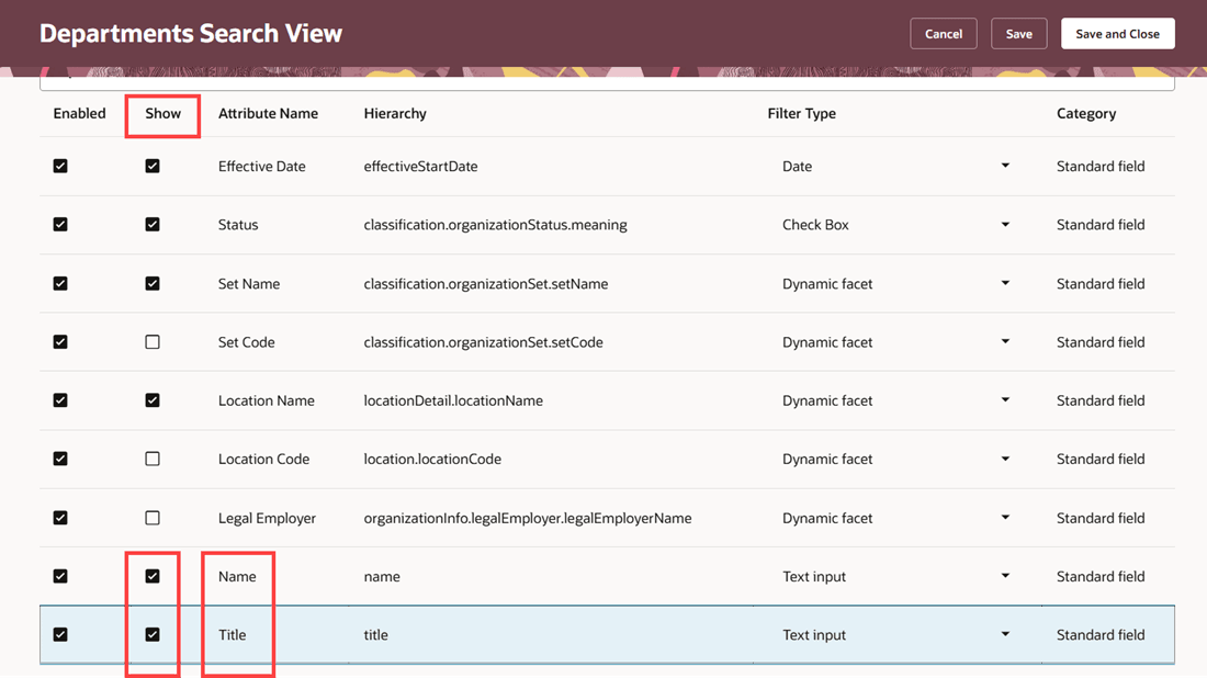 Select Show checkbox for the Name and Title filters