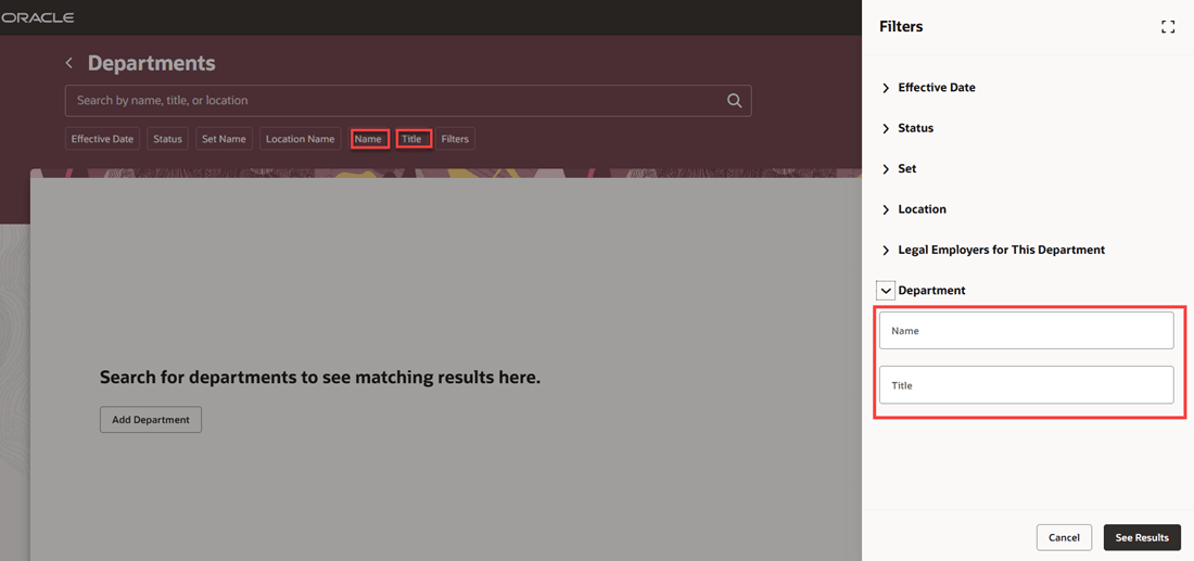Name and Title listed in filter chips and advanced search filters