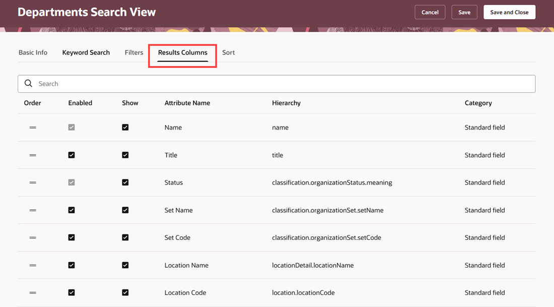 Results Columns tab of the Departments Search View page