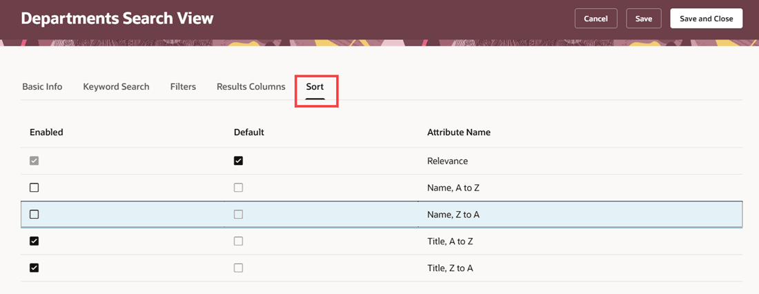 Sort tab of the Departments Search View page with the Name options deselected