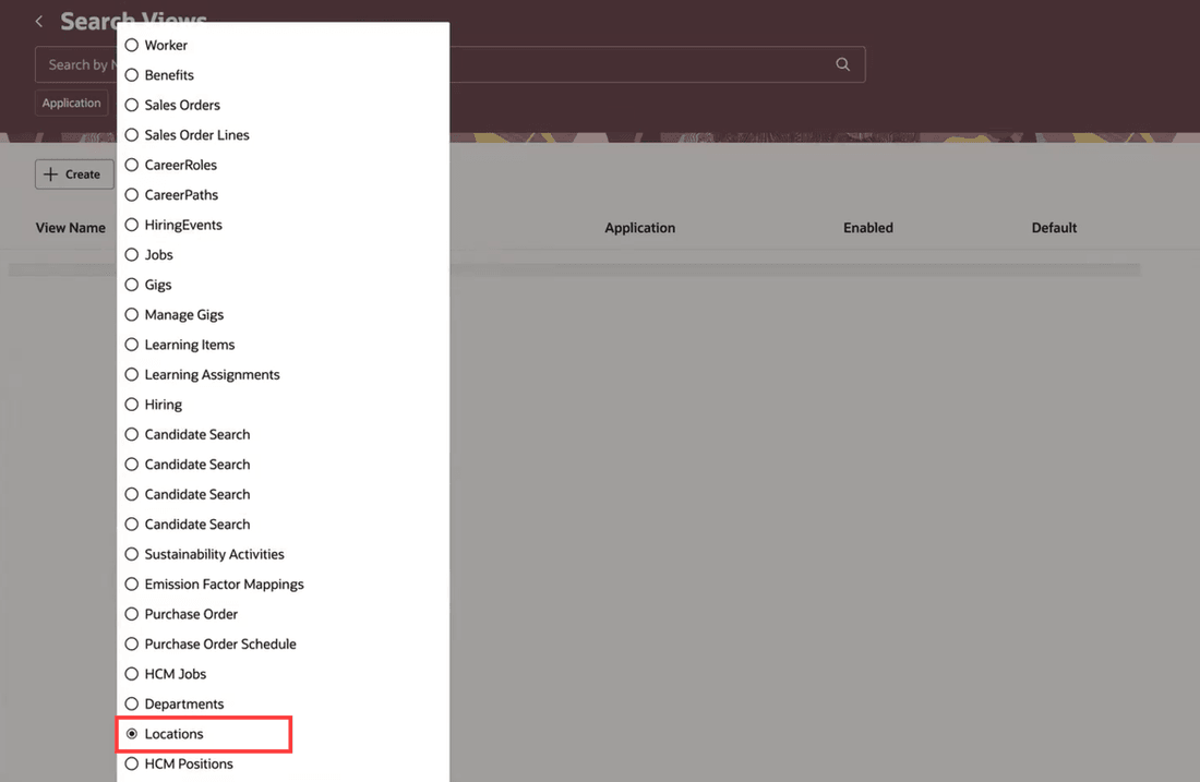 Search Object filter showing the HCM Locations option on the Redwood Search Views page